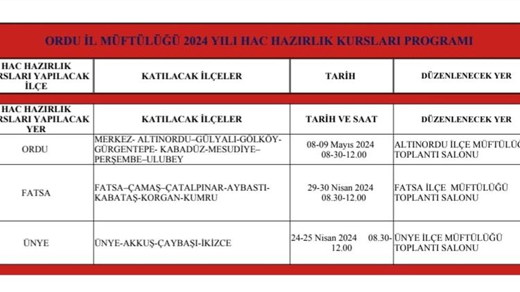 Ordu'da 2024 Yılı Hac Hazırlık Kursları Programı